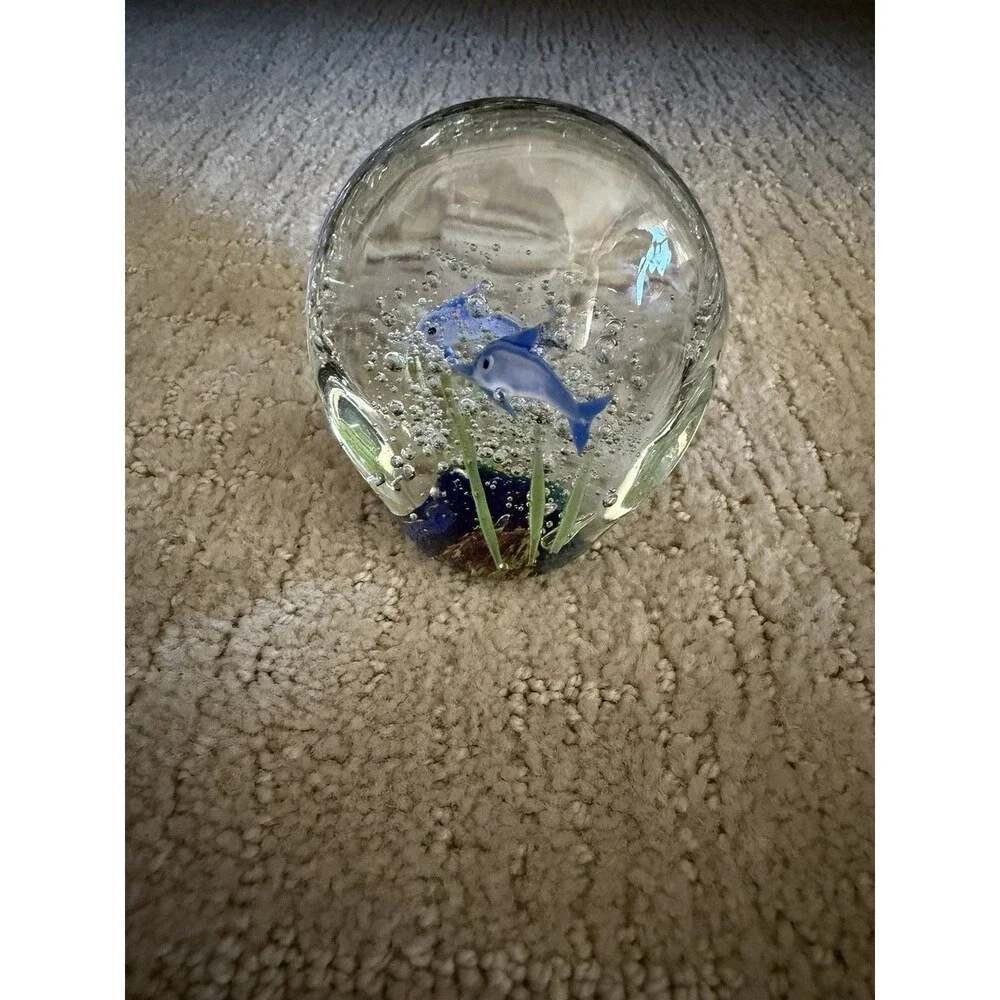 Murano-Style Art Glass Aquarium Paperweight with Dolphins Double Sided